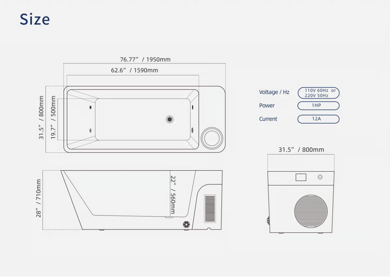Orivon Frost cold plunge tub dimensions diagram